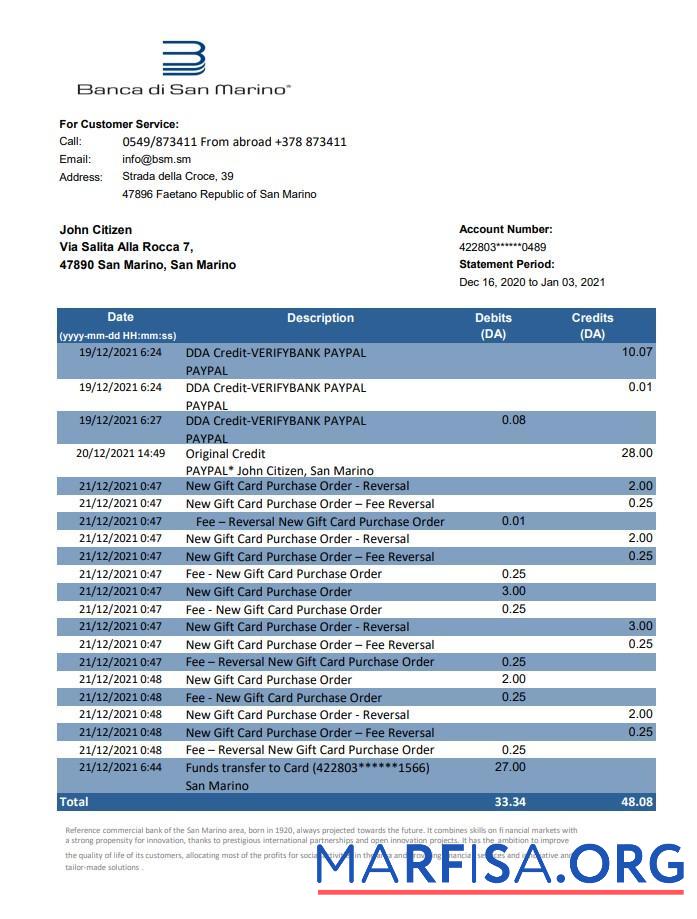 Realistic San Marino Banca di San Marino bank statement excel version 2 example